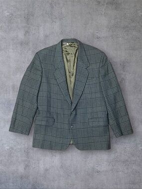 Vintage 80s Quails Sz 42R 100% Wool Gray & Blue Plaid Blazer